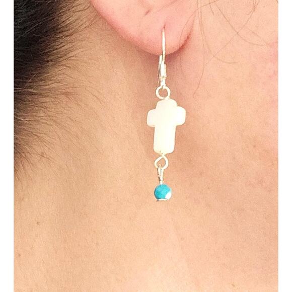 Mother of Pearl Shell Cross Earrings Turquoise Sterling Silver Dangle Drop New - Picture 6 of 6